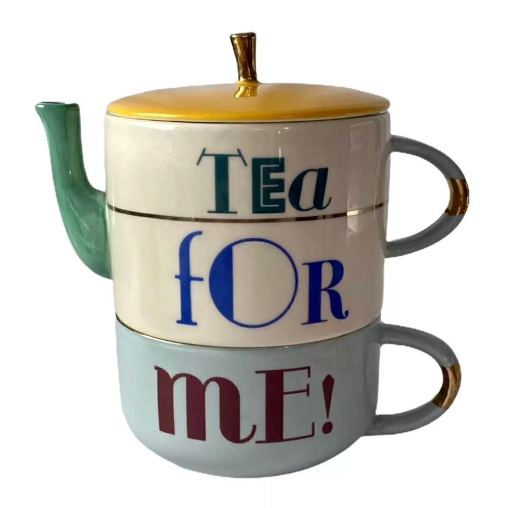 Anthropologie Tea For Me 3-Piece Stackable Set Teapot and Cup Retro Style